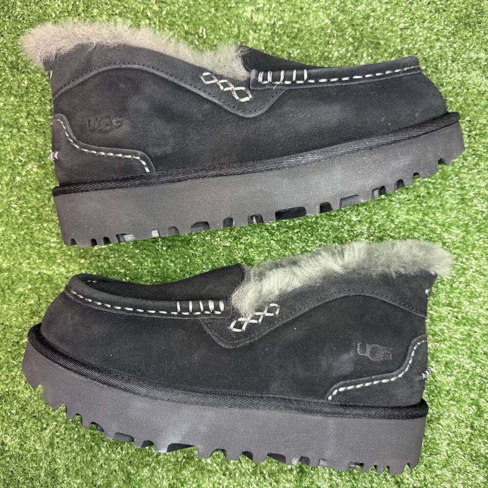 UGG Ansley Parc Black Suede Platform Moccasin Slippers Women’s 7 New No Box